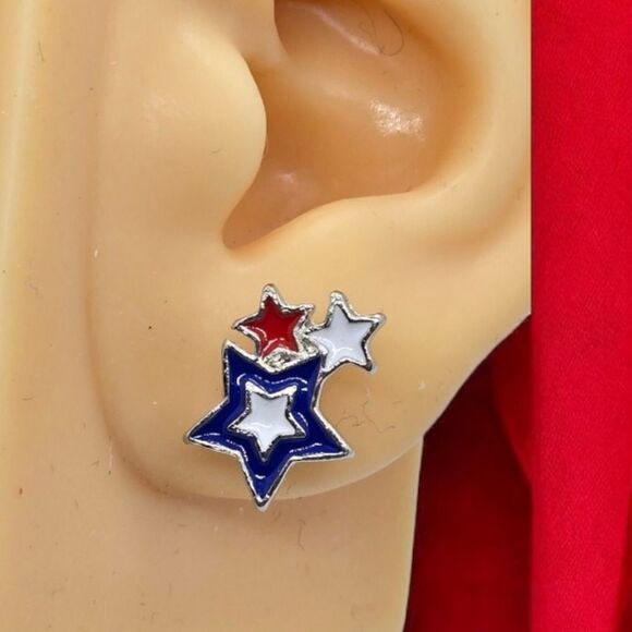 Star-Shaped American Flag Earrings Stud Post Pierced Patriotic Jewelry America - Picture 3 of 5